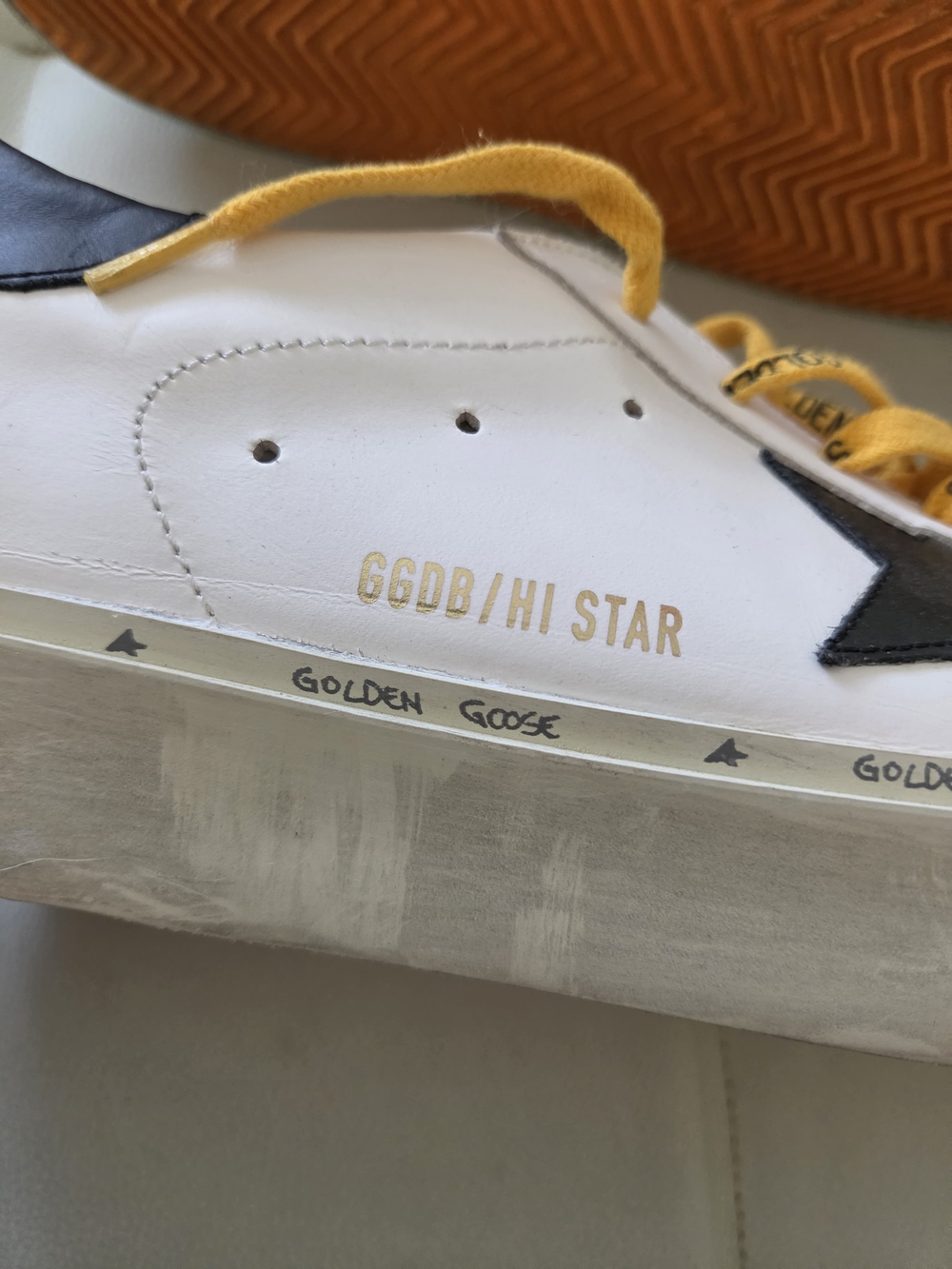 Golden Goose White Leather Sneakers with Black Tongue Label and Yellow Laces - Picture 2 of 6